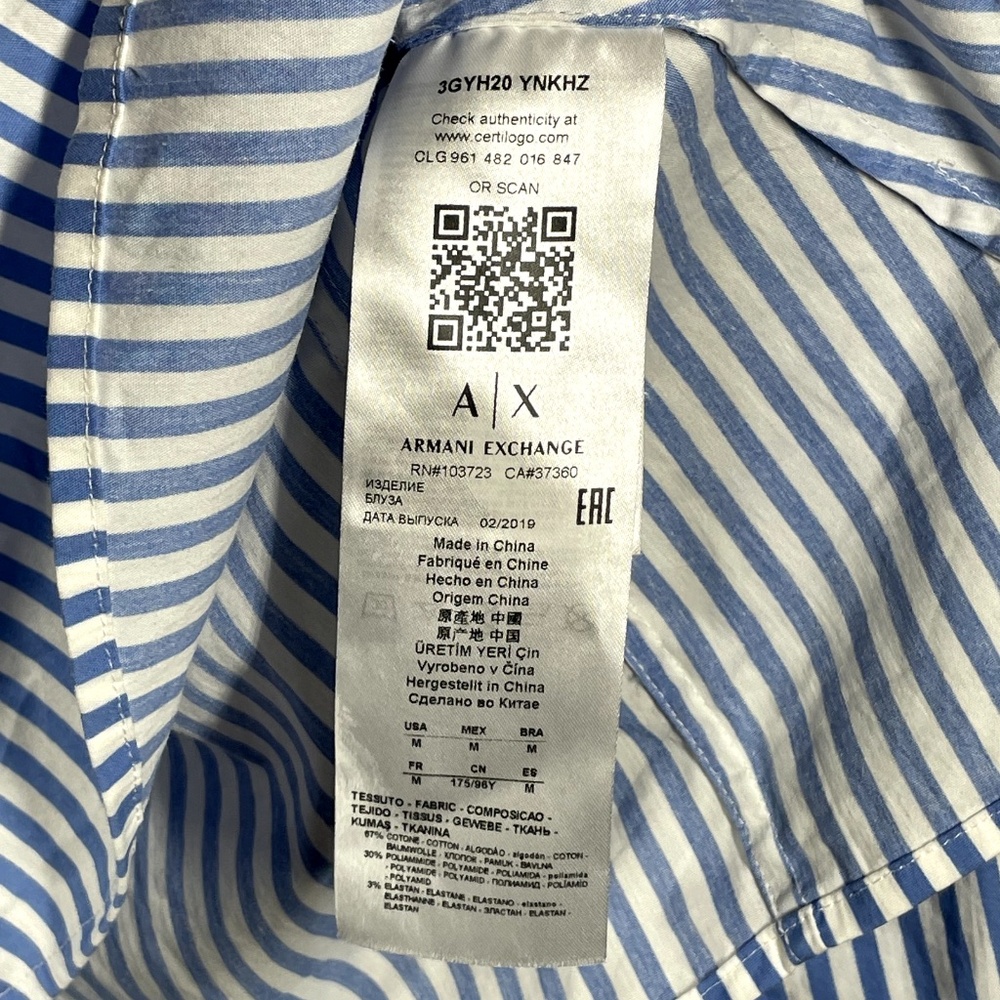 Armani Exchange Shirt Womens Medium blue white designer pop pull over blouse - Picture 3 of 9